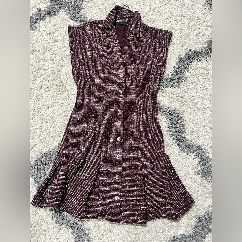 Zara Burgundy Tweed Dress – Front Button Detail
- Size Small